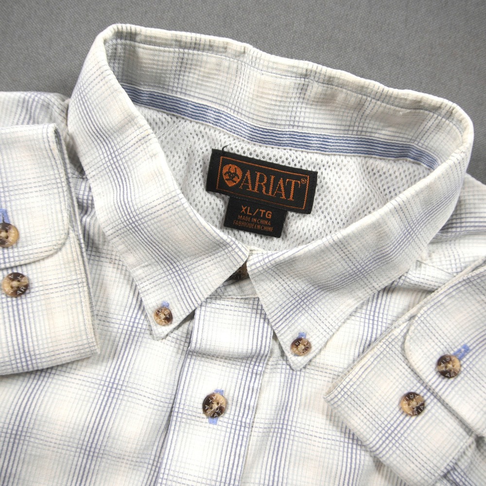 Ariat Western Cowboy Rodeo Plaid Long Sleeve Men Shirt XL White Ranch Country